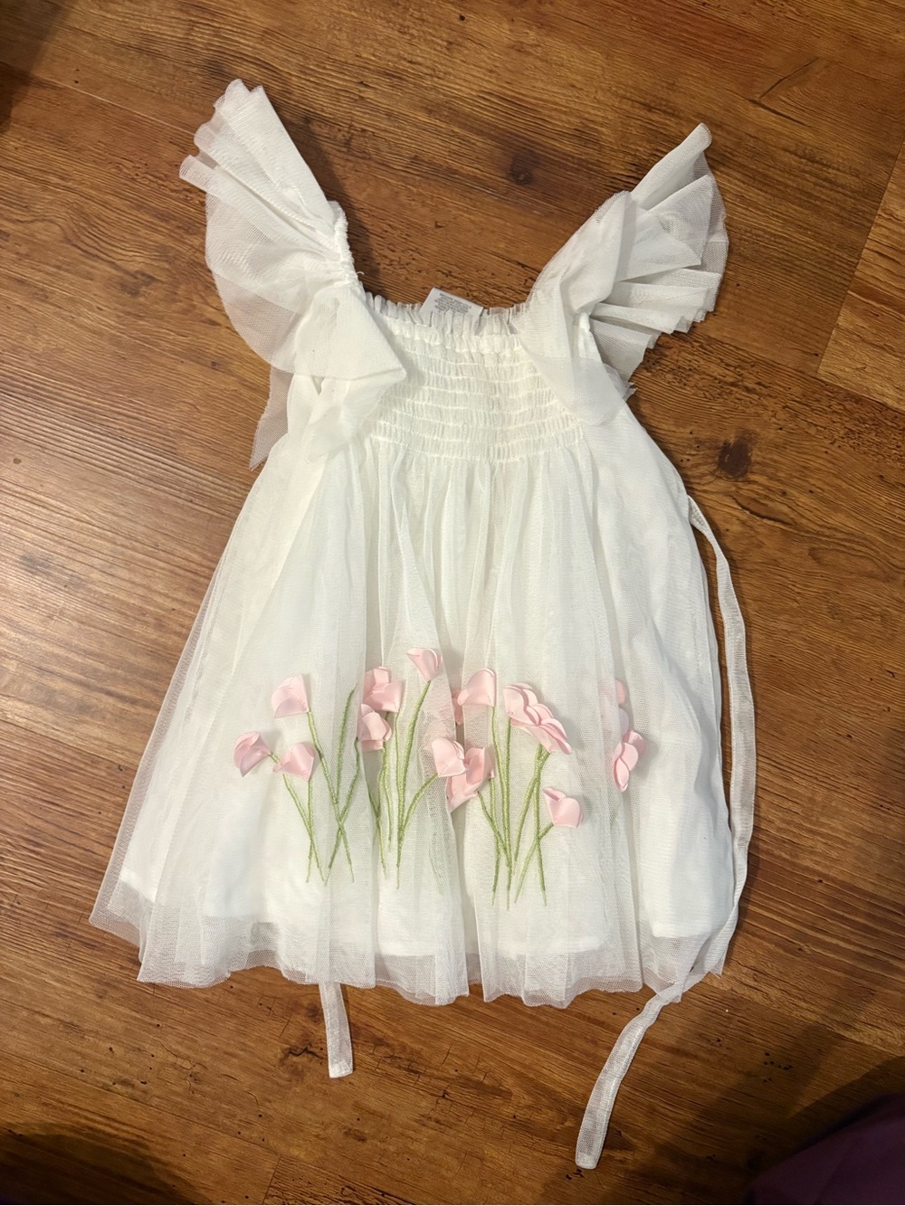 White Floral Tulle Kids Dress with Pink Embroidered Flowers